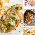 Pinterest image with wiring of crockpot french onion chicken