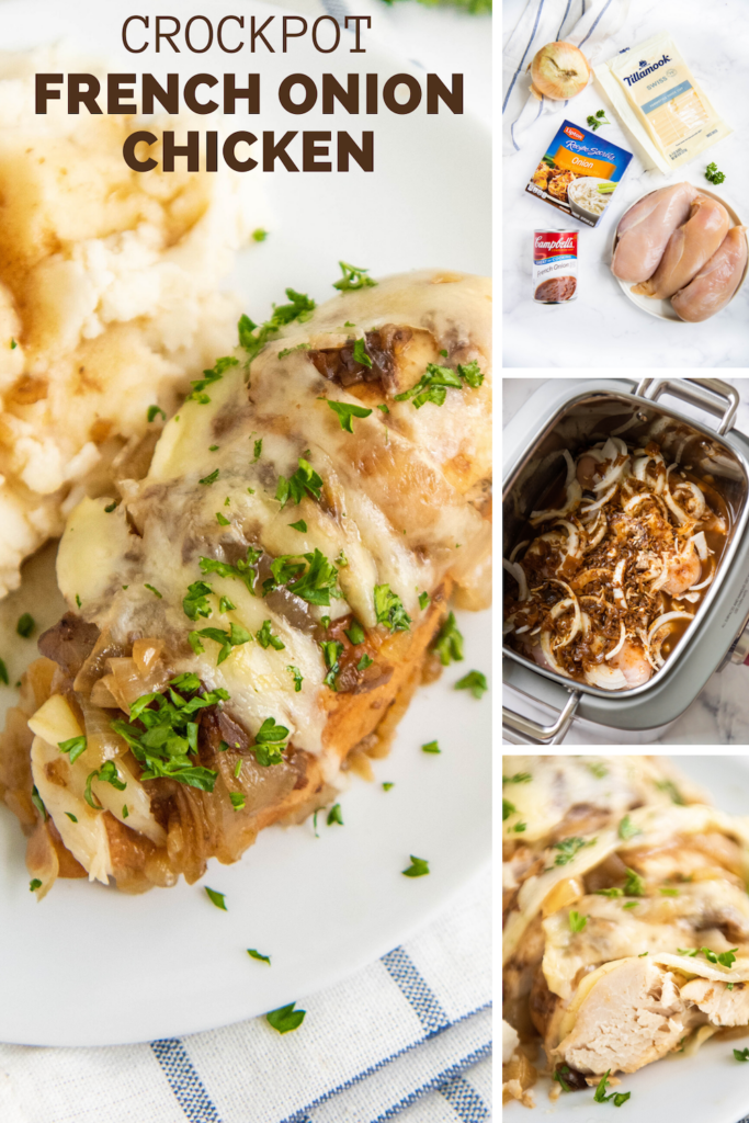 Pinterest image with wiring of crockpot french onion chicken