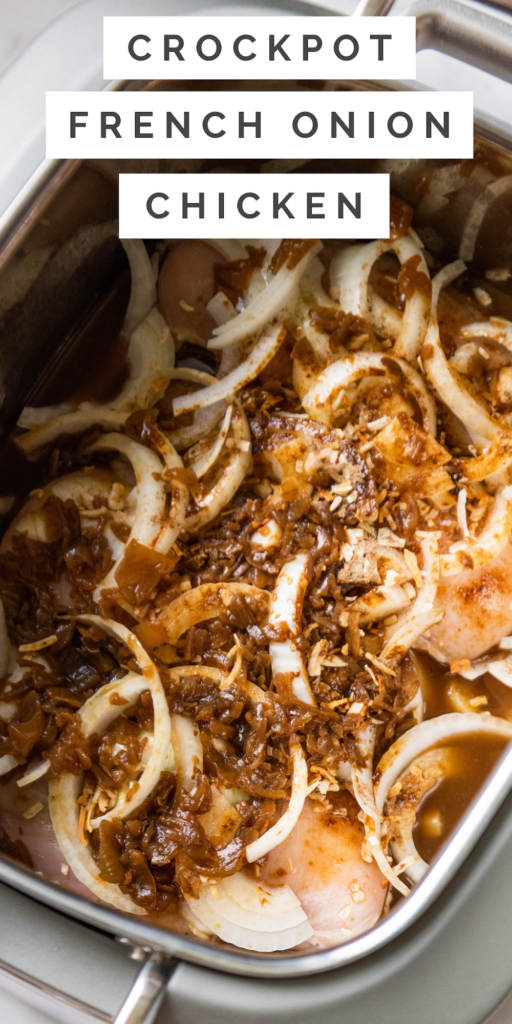 Pinterest image with wiring of crockpot french onion chicken