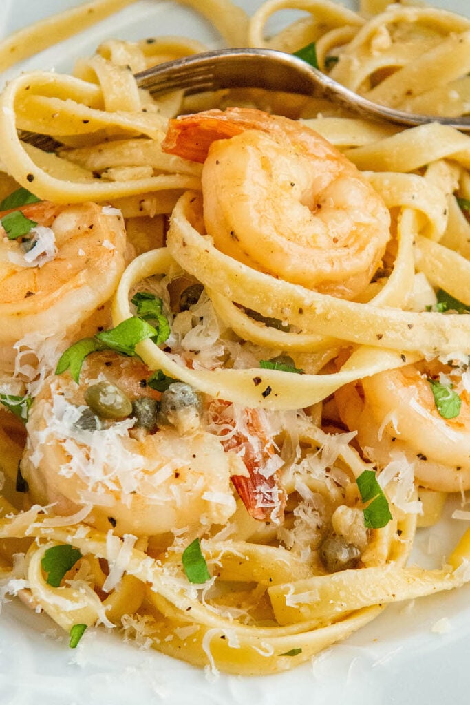 Up close image of shrimp scampi pasta tossed together with parmseasn cheese.