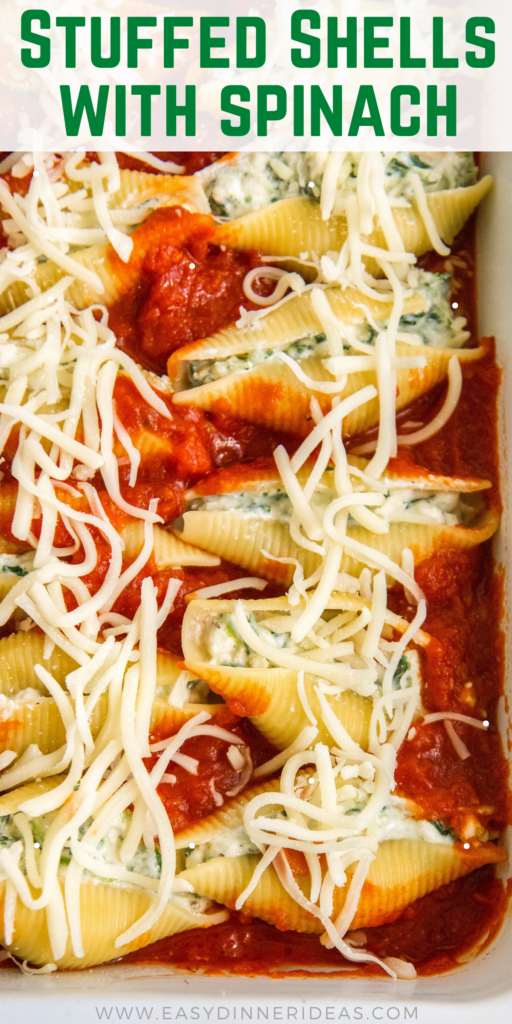 Pinterest collage image of stuffed shells with spinach.