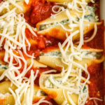 Pinterest collage image of stuffed shells with spinach.