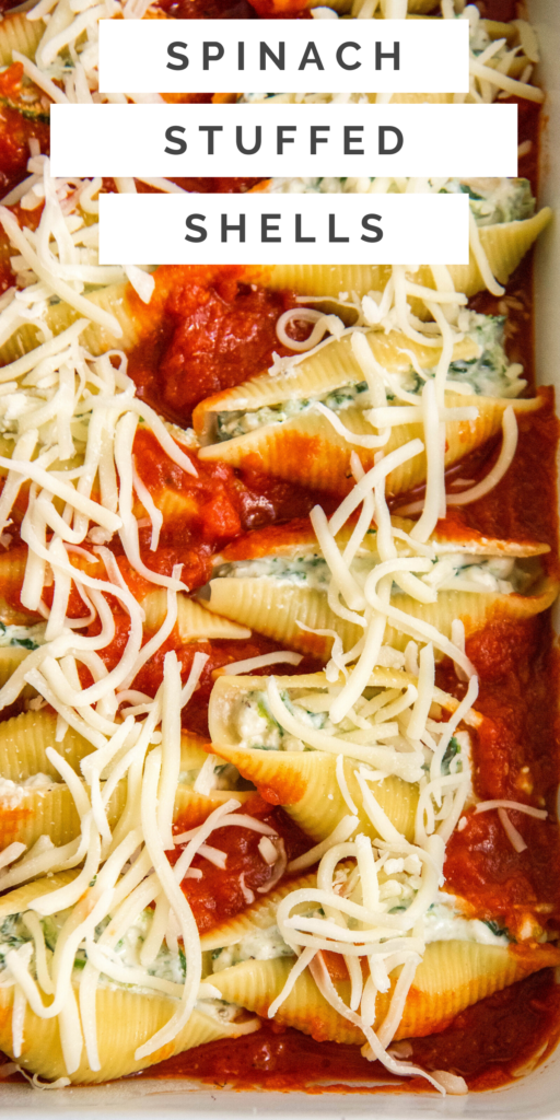 Pinterest collage image of stuffed shells with spinach.