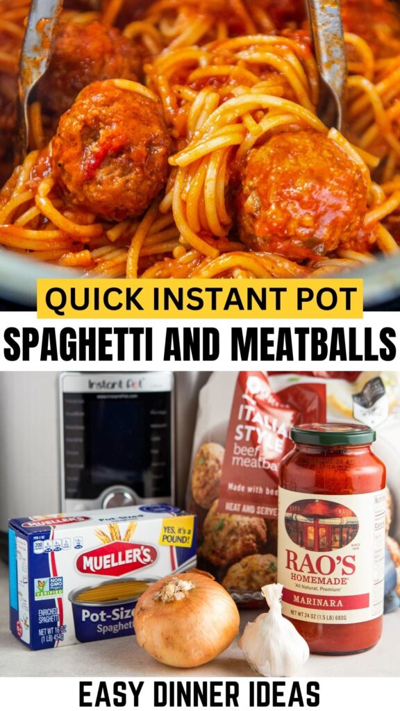 The ingredients for instant pot spaghetti and meatballs are placed in front of the instant pot next to cooked spaghetti with meatballs.
