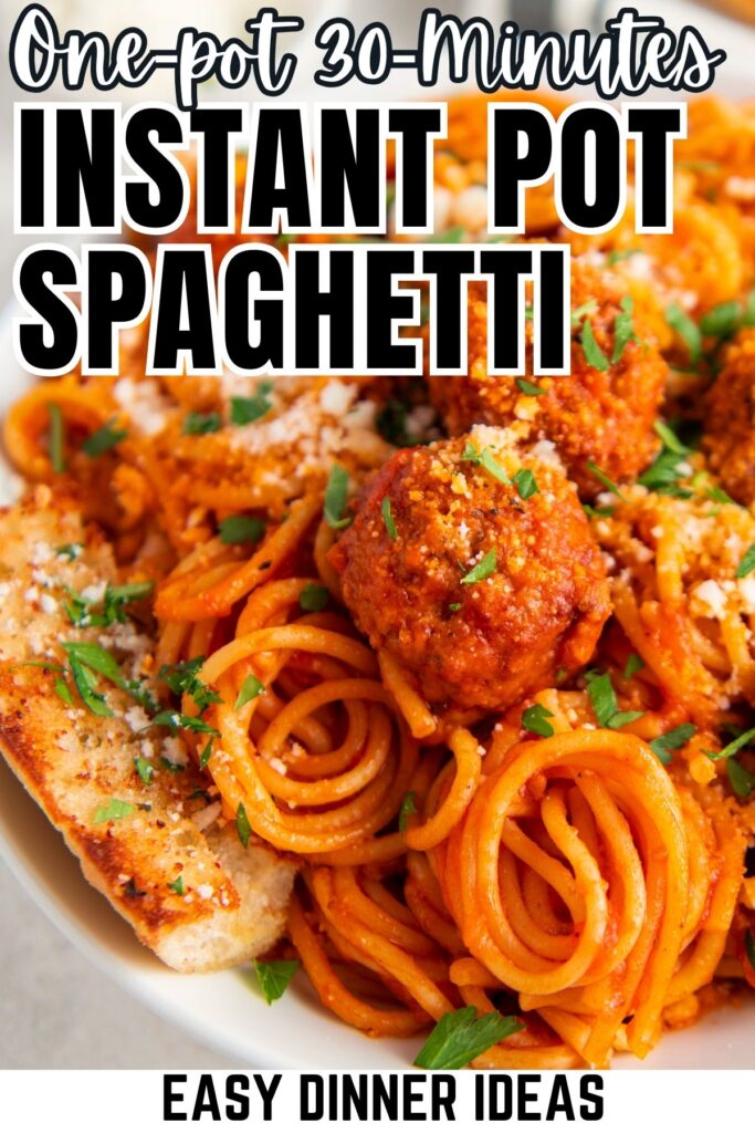 Quick and easy instant pot spaghetti is served on a round white plate.