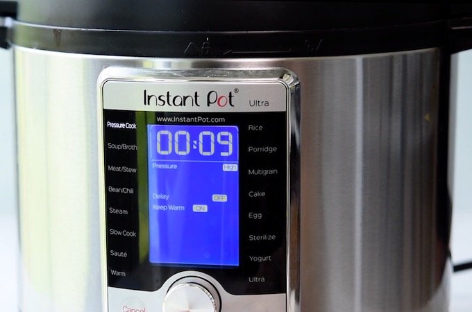 Instant Pot showing 9 minutes of cook time