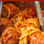 Photo of spaghetti and meatballs with wording on top for pinterest.