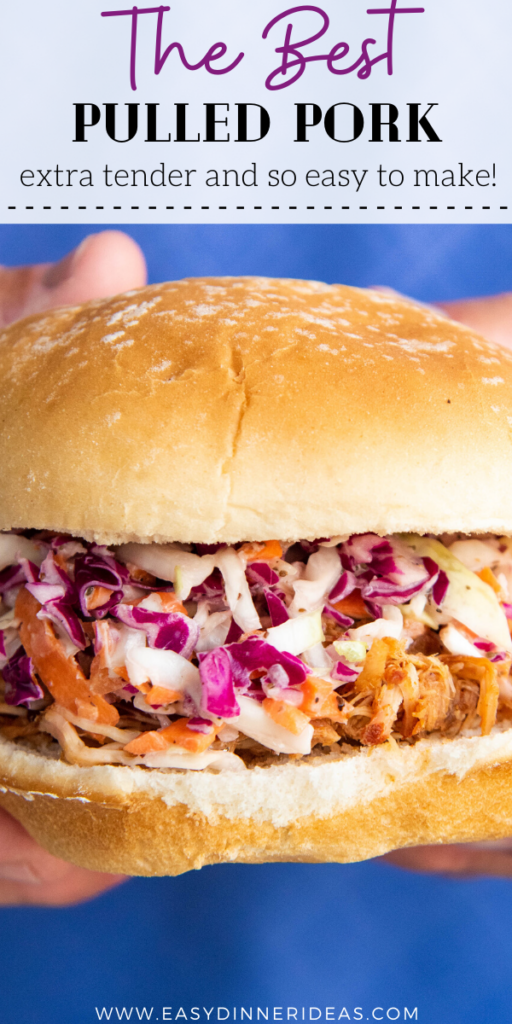Close up image of pork sandwich for pinterest with wording on the top.