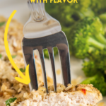 Pinterest image of yum yum chicken on a fork.