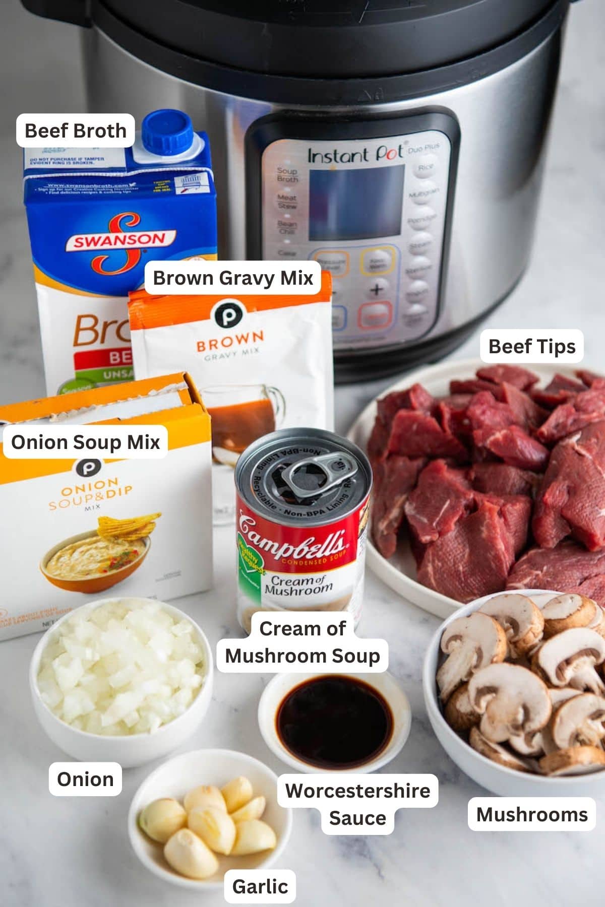 Ingredients for Instant Pot Beef Tips.