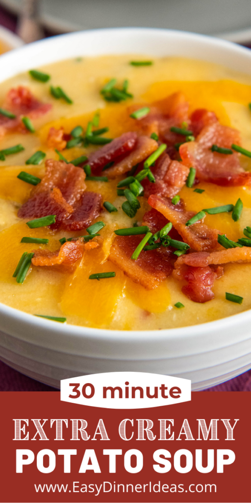 up close image of a bowl of potato soup with toppings on top with wording on the bottom for Pinterest.