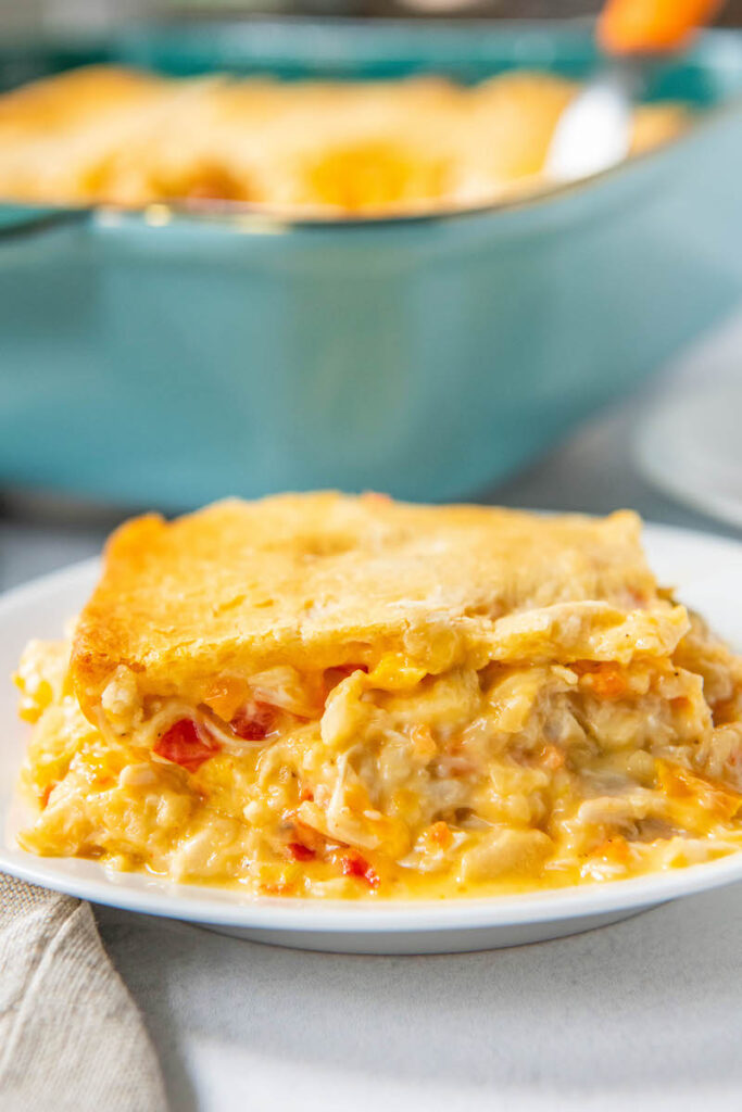 A serving of Cajun Chicken casserole is on a white plate
