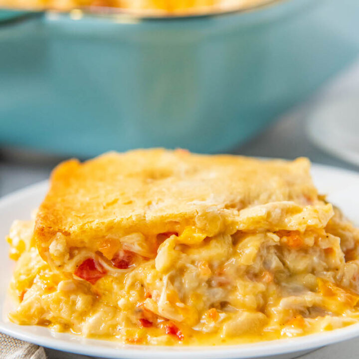 A serving of Cajun Chicken casserole is on a white plate