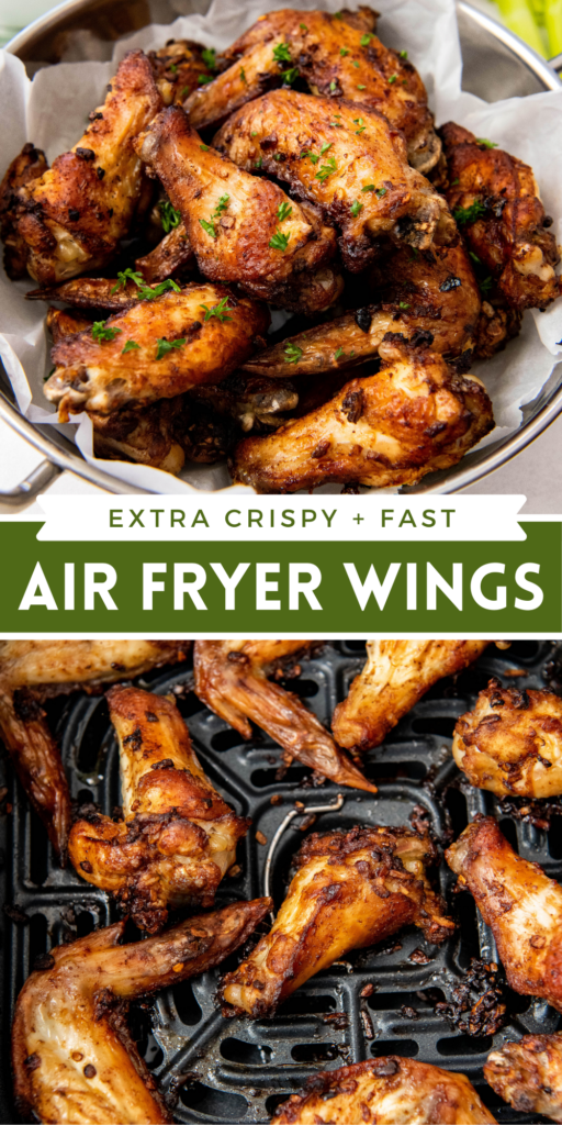 Collage image of chicken wings in a large bowl and chicken wings in an air fryer basket.