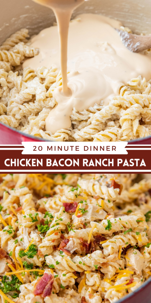 Pinterest image of chicken bacon ranch pasta.