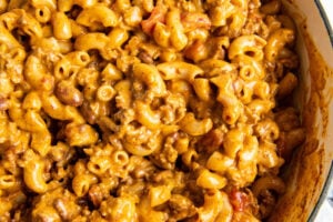 Close up of chili mac in a large pot.
