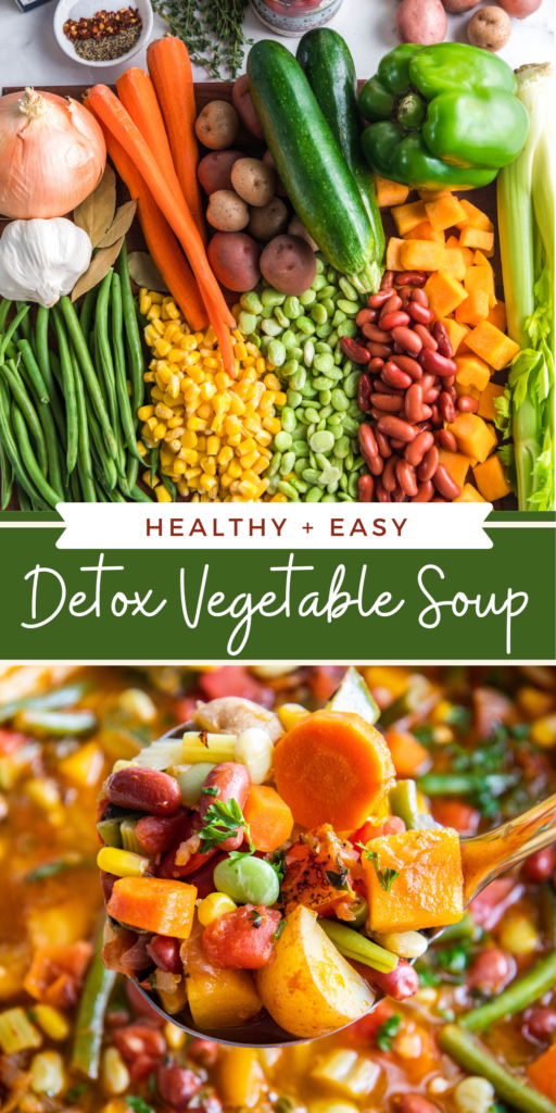 Collage image of raw vegetables on a cutting board and vegetable soup on a ladle.