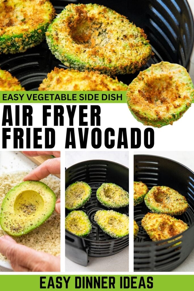 Avocado halves are coated in breadcrumbs, placed in an air fryer basket and cooked until crispy.