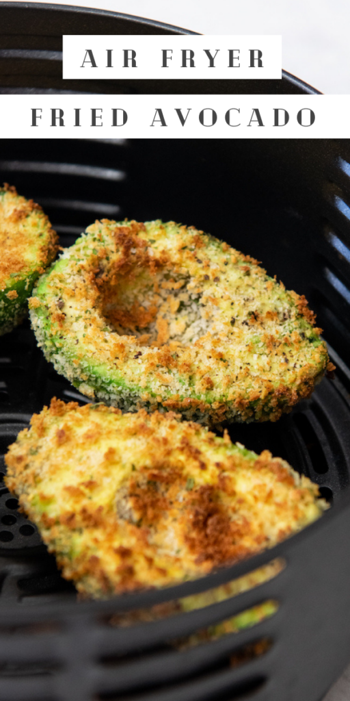Up close image of Air Fried Avocados are sitting in a basket of an air fryer.