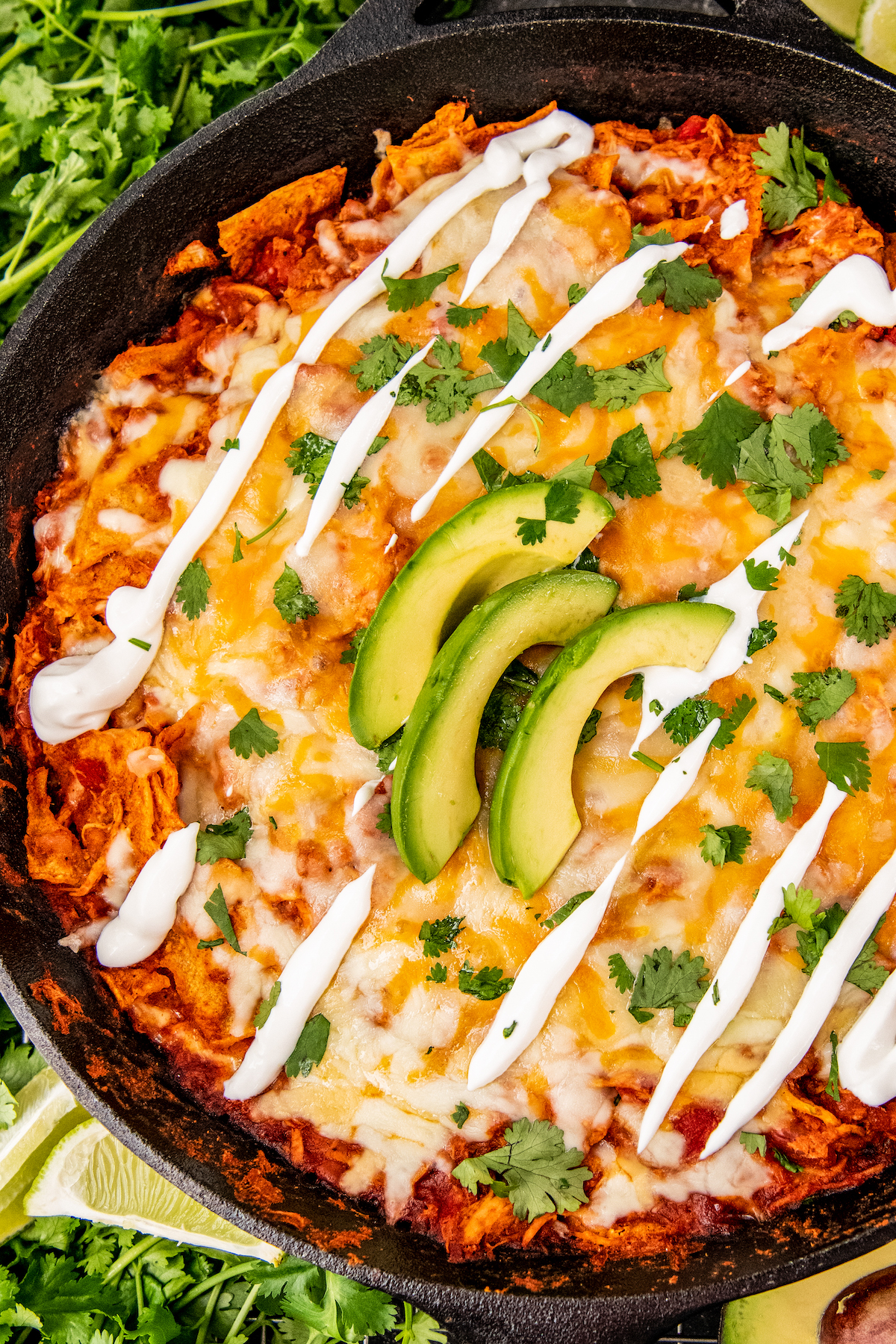 A drizzle of sour cream and slices of fresh avocado garnish a skillet of chicken enchiladas.