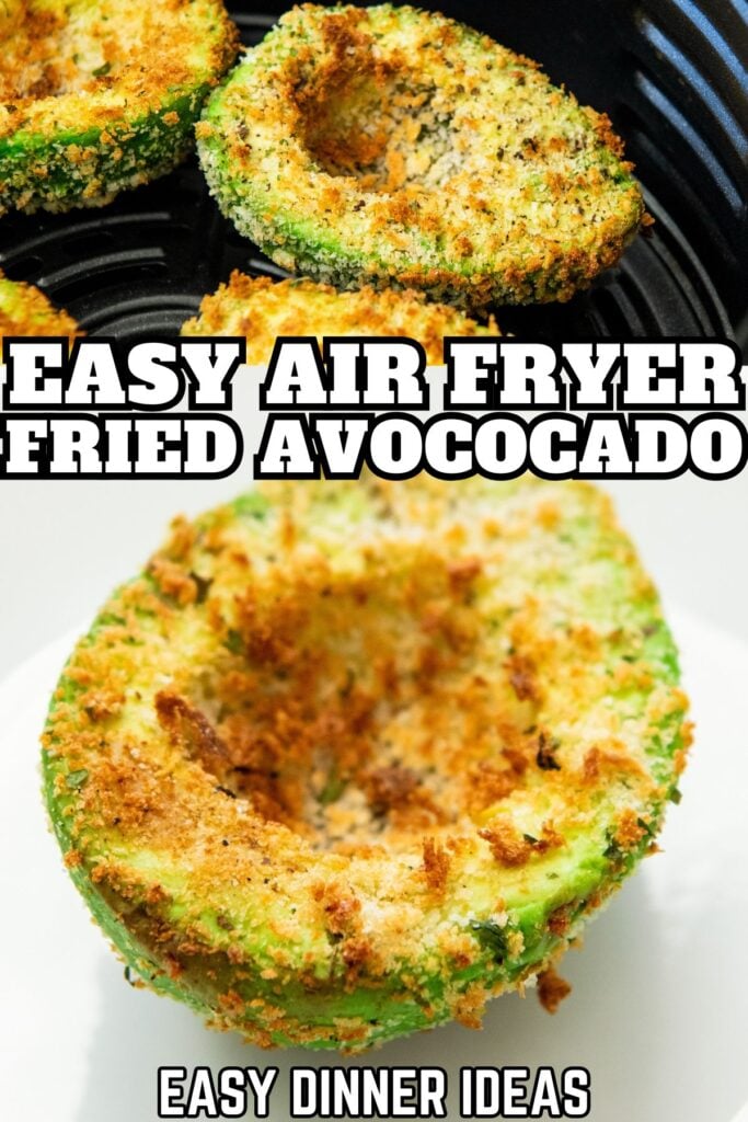 Easy air fryer fried avocado halves presented in an air fryer basket and a white plate.