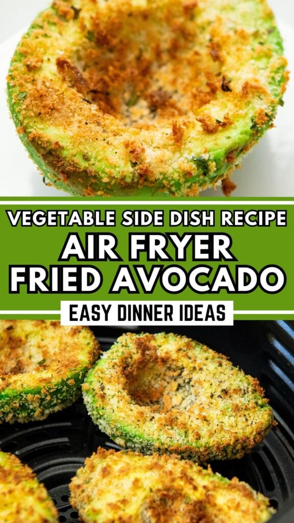 Crispy air fried avocado halves in the air fryer and on a white plate.