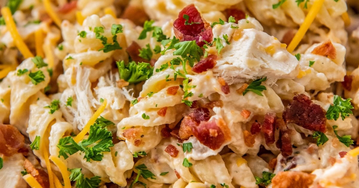 Landscape photo of cheesy bacon chicken ranch pasta recipe.