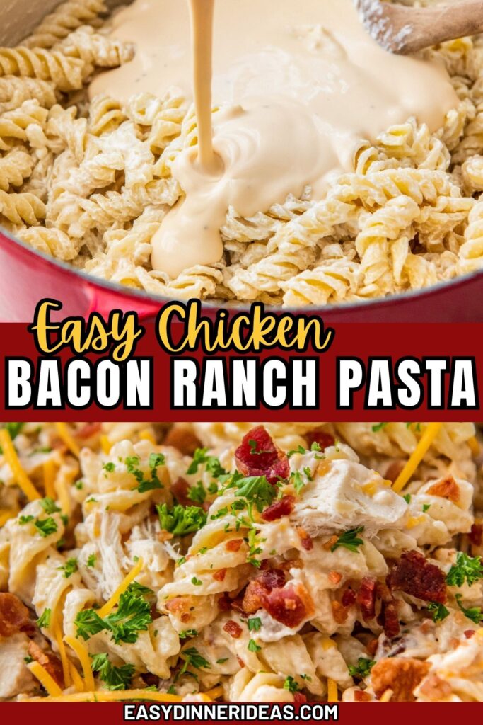 Creamy ranch sauce mixed into cooked pasta with the garnished pot of pasta.