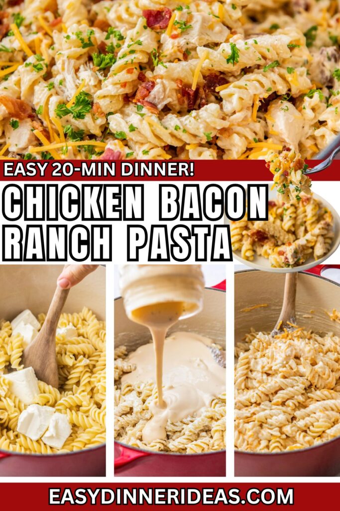 The steps for making bacon chicken ranch pasta with the final product.