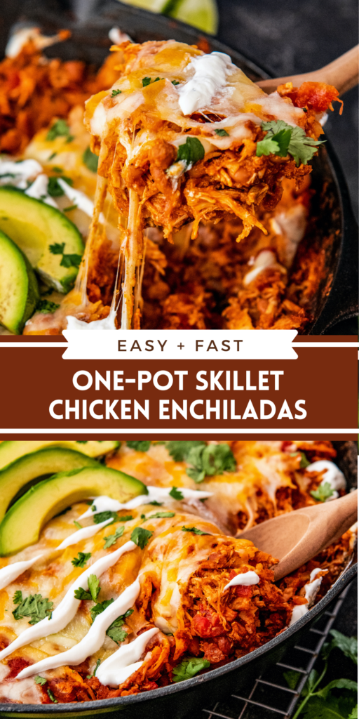 Collage image of a wood spoon pulling out a spoonful of cheesy skillet enchiladas and an image of pan filled with enchiladas with a spoon stuck into the skillet.