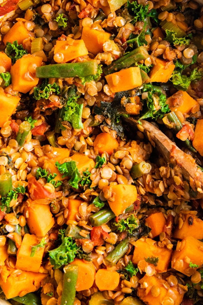 A close up image shows the ingredients for lentil stew are fully cooked.