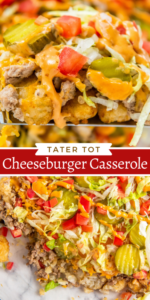 Pinterest image of cheeseburger tater tot casserole.