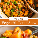 Collage image of a spoon is lifting a bite of stew from a full bowl and A wooden spoon is stirring all of the ingredients for lentil stew in a dutch oven.