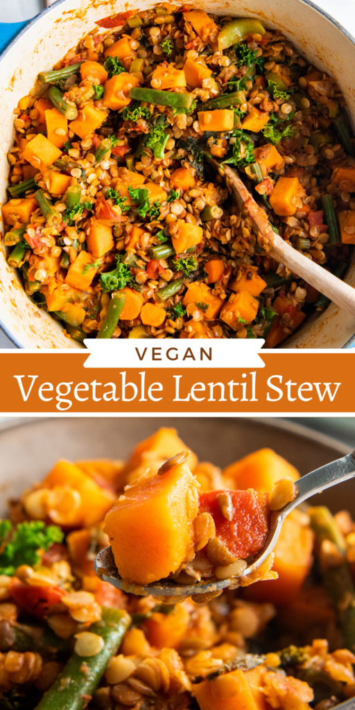 Collage image of a spoon is lifting a bite of stew from a full bowl and A wooden spoon is stirring all of the ingredients for lentil stew in a dutch oven.