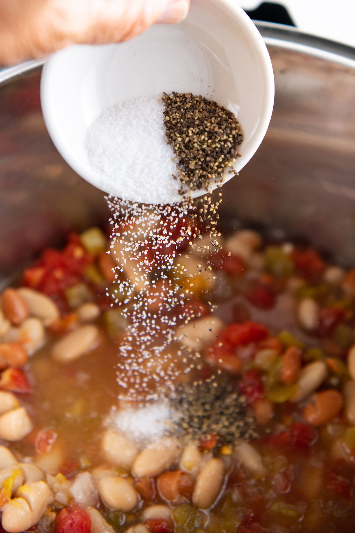 Seasonings poured into instant pot with beans and broth