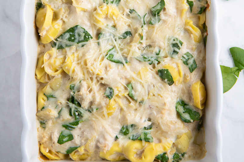 Cooked tortellini with artichoke hearts, spinach, cheese and alfredo sauce in a casserole dish.