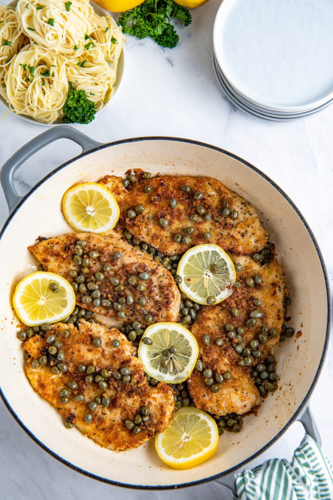 Chicken piccata in a pan
