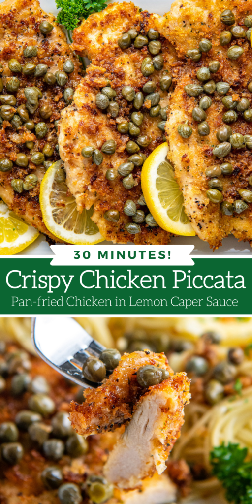 Collage image of a plate filled with chicken piccata with lemon slices and an image of a bite of chicken piccata on a fork.
