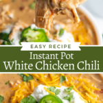 Collage image of white chili on a spoon and an overhead shot of instant pot white chicken chili in a bowl with sour cream and jalapeño on top.