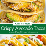 Collage image of tortillas stuffed with air fried avocados and taco stuffed with filling and lined up on a white plate.