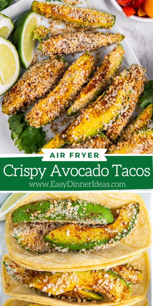 Collage image of air fried avocados and taco stuffed with filling and lined up on a white plate.