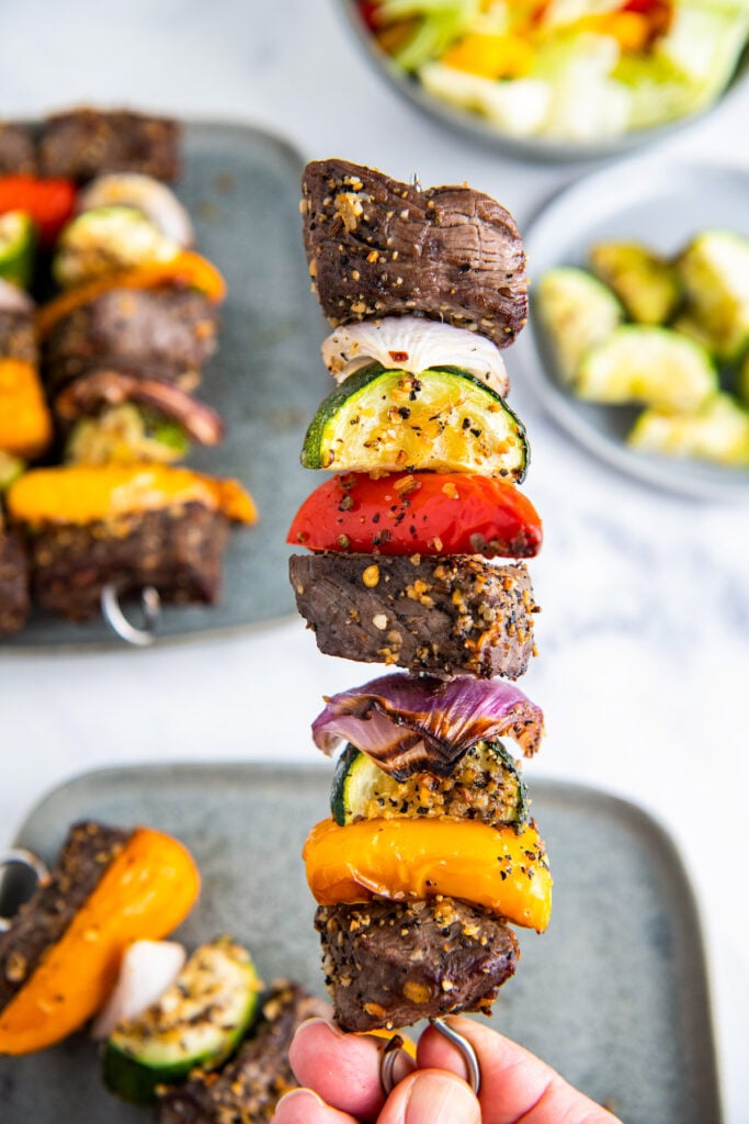 Shish Kabob with steak, sweet peppers, zucchini and red onion