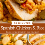 An up close image of Spanish Chicken and Rice on a white plate and a fork with chicken, rice and an olive on it and a further out view of the same photo.