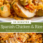 Collage image of a forkful of chicken and rice and an overhead image of sliced chicken breasts in yellow rice.