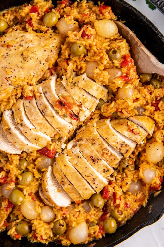 Spanish chicken and rice in a skillet