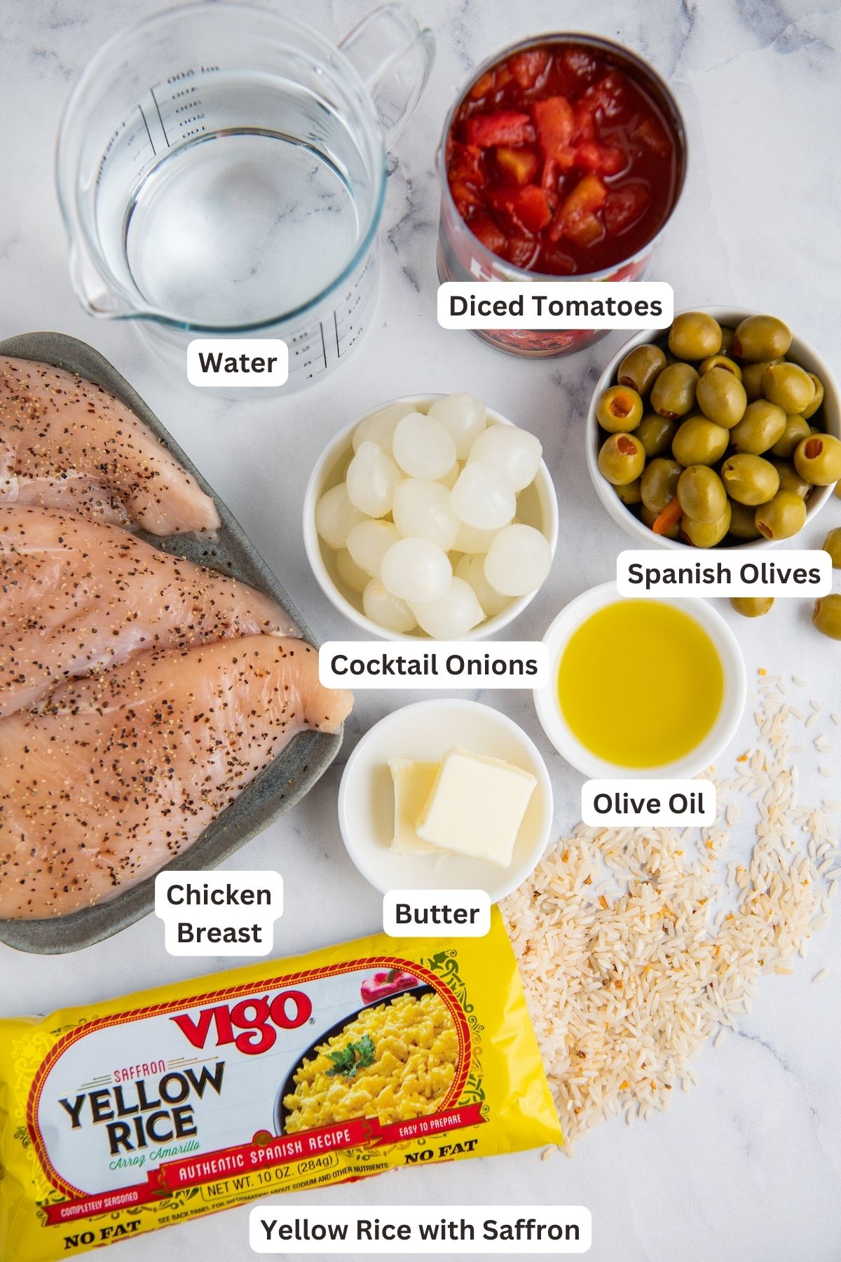 Ingredients for Spanish Chicken and Rice recipe.
