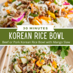 Collage image of Korean rice bowl, up close image with chopsticks and overhead image.