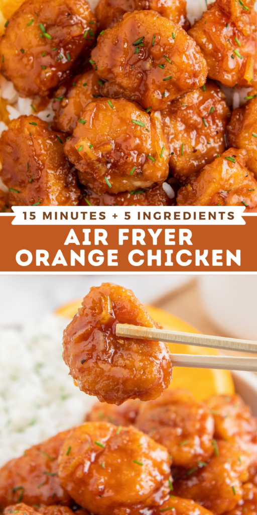 Collage image: image 1 a bowl full of or orange chicken with herbs on top and image 2 is a piece of orange chicken being held by chopsticks.