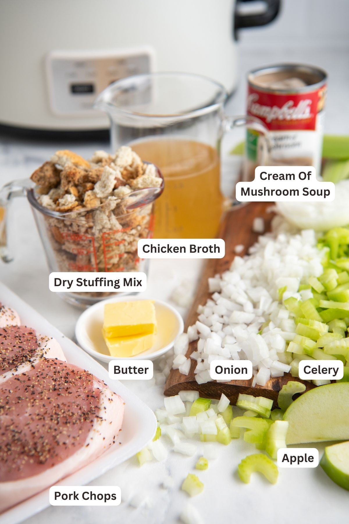 Ingredients to make Slow Cooker Pork Chops with Stuffing.