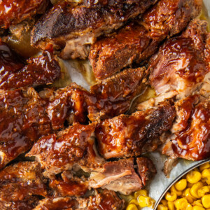 country style ribs with corn on parchment paper